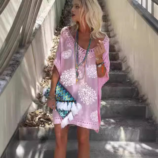 Damen Strandtunika mit farbenfrohem Muster und weiten Ärmeln EB