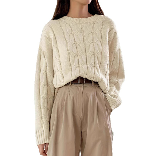 Damen Gemusterter Strickpullover mit voluminösen Ärmeln und Rundhalsausschnitt EB