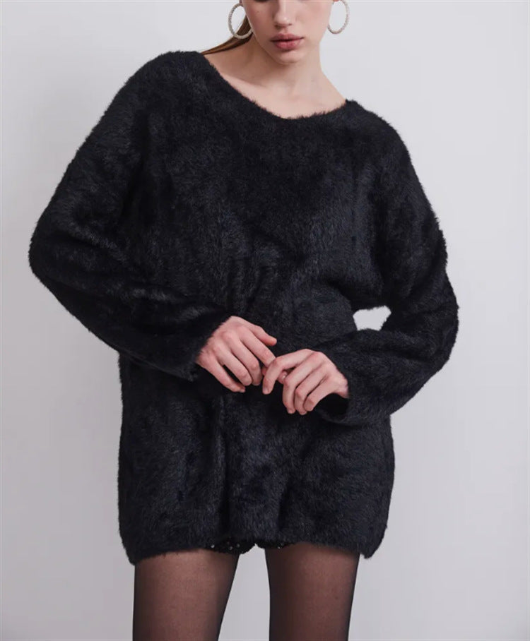 Damen Oversize-Flauschpullover mit V-Ausschnitt und Teddy-Optik EB