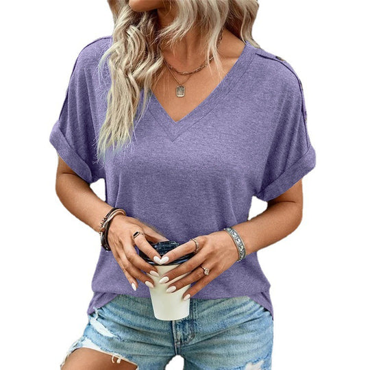 Damen V-Ausschnitt T-Shirt mit abgerollten Ärmeln und modischen Knopfdetails EB