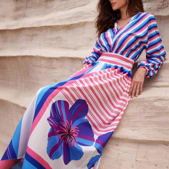 Damen Elegantes Maxikleid mit floralem Design und Streifen EB