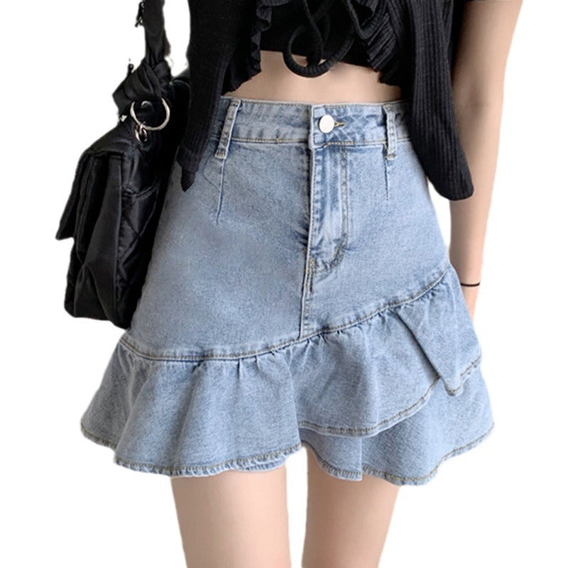 Damen Jeansrock mit voluminösem Rüschensaum und knopfbarem Bund EB