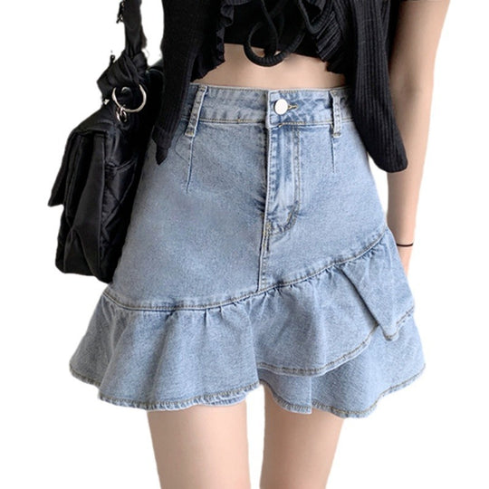 Damen Jeansrock mit voluminösem Rüschensaum und knopfbarem Bund EB