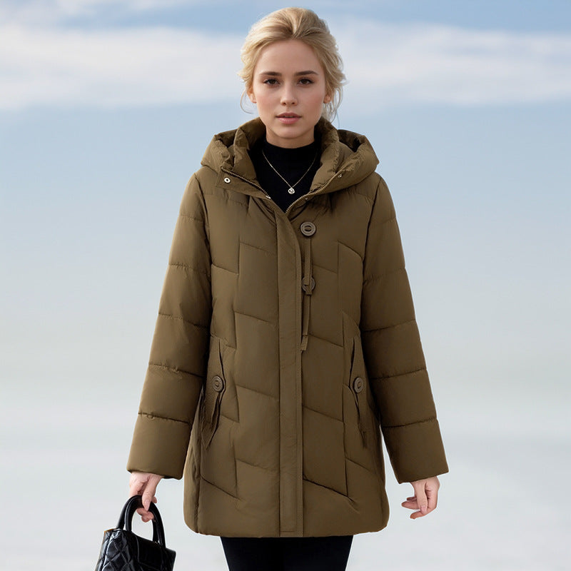 Damen modische gesteppte Winterjacke mit Kapuze und großen Taschen EB