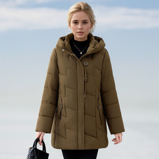 Damen modische gesteppte Winterjacke mit Kapuze und großen Taschen EB