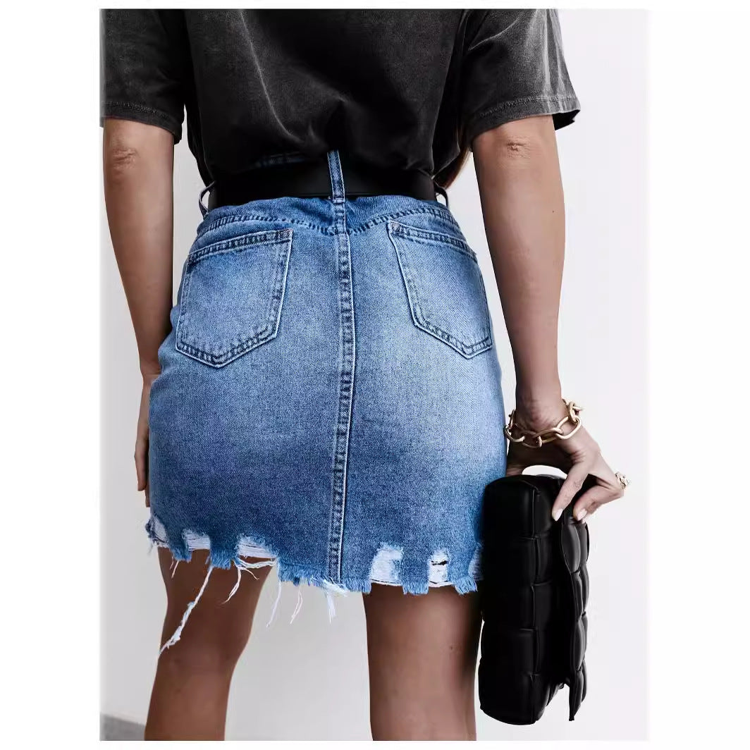 Damen Jeansrock mit fransigem Saum und hohem Sitz EB
