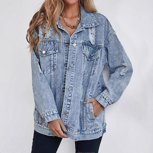 Damen lässige Oversized Jeansjacke mit distressed Details und hochwertigen Metallknöpfen EB