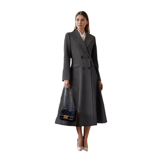 Damen eleganter Langmantel mit doppelter Knopfreihe und seitlichen Eingrifftaschen EB