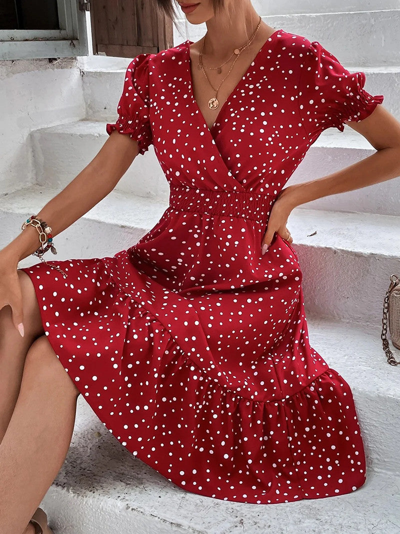 Damen Midi-Kleid mit Puffärmeln und V-Ausschnitt EB