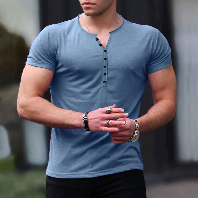 Herren Kurzarm-Henley-T-Shirt mit Knopfleiste und weichem Baumwollmaterial EB