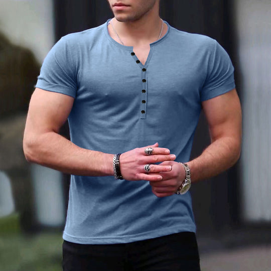 Herren Kurzarm-Henley-T-Shirt mit Knopfleiste und weichem Baumwollmaterial EB