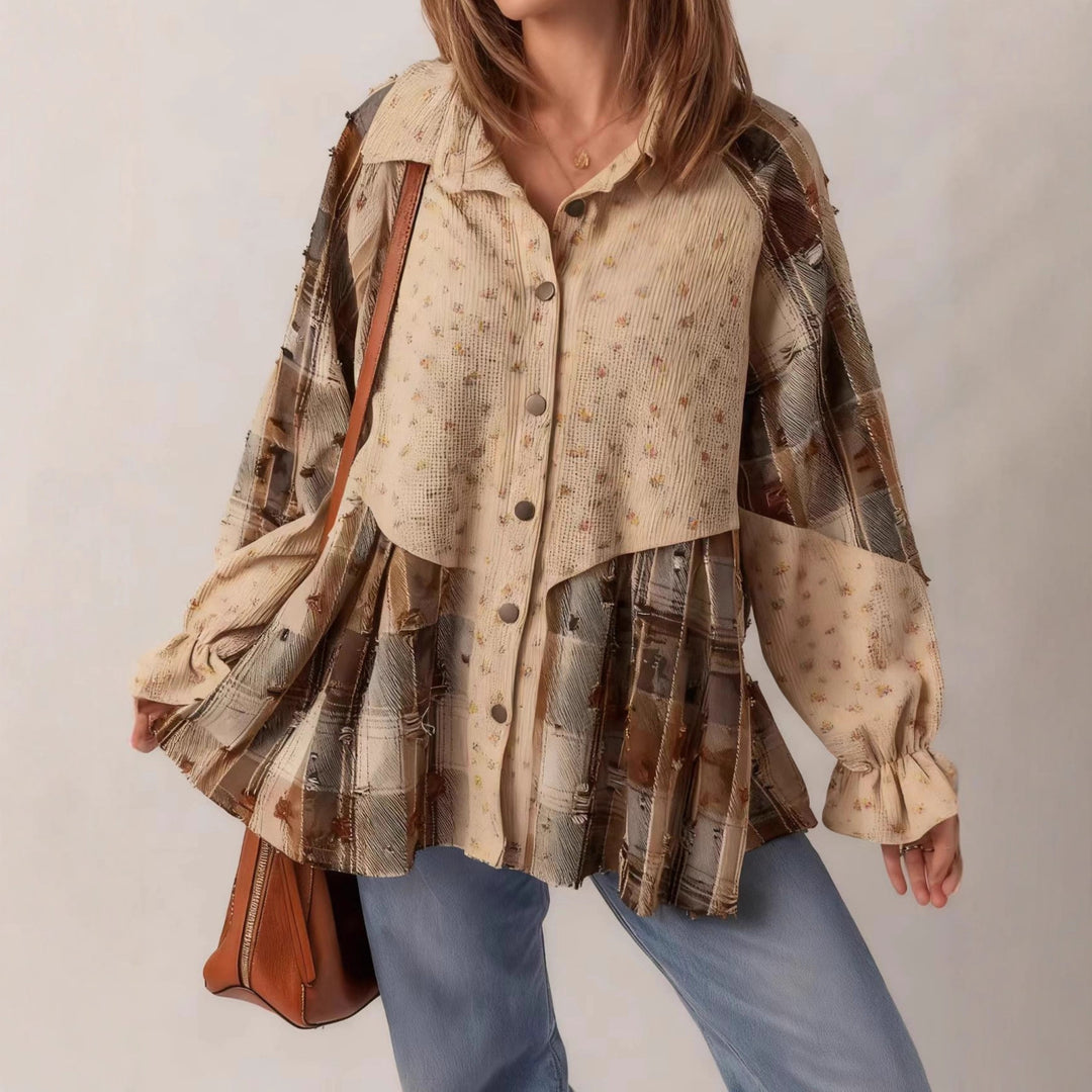 Damen Patchwork-Bluse-Jacke mit plissiertem Saum und Knopfleiste EB