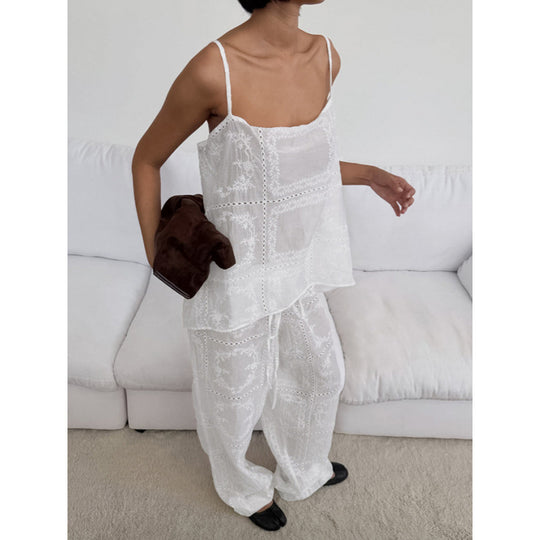 Damen luftiger Lounge-Set mit romantischen Stickereien EB
