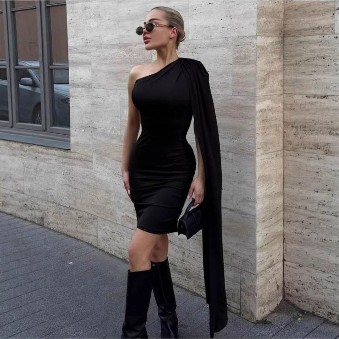 Damen Figurbetontes Kleid mit asymmetrischem Ärmel und elegantem Schnitt EB