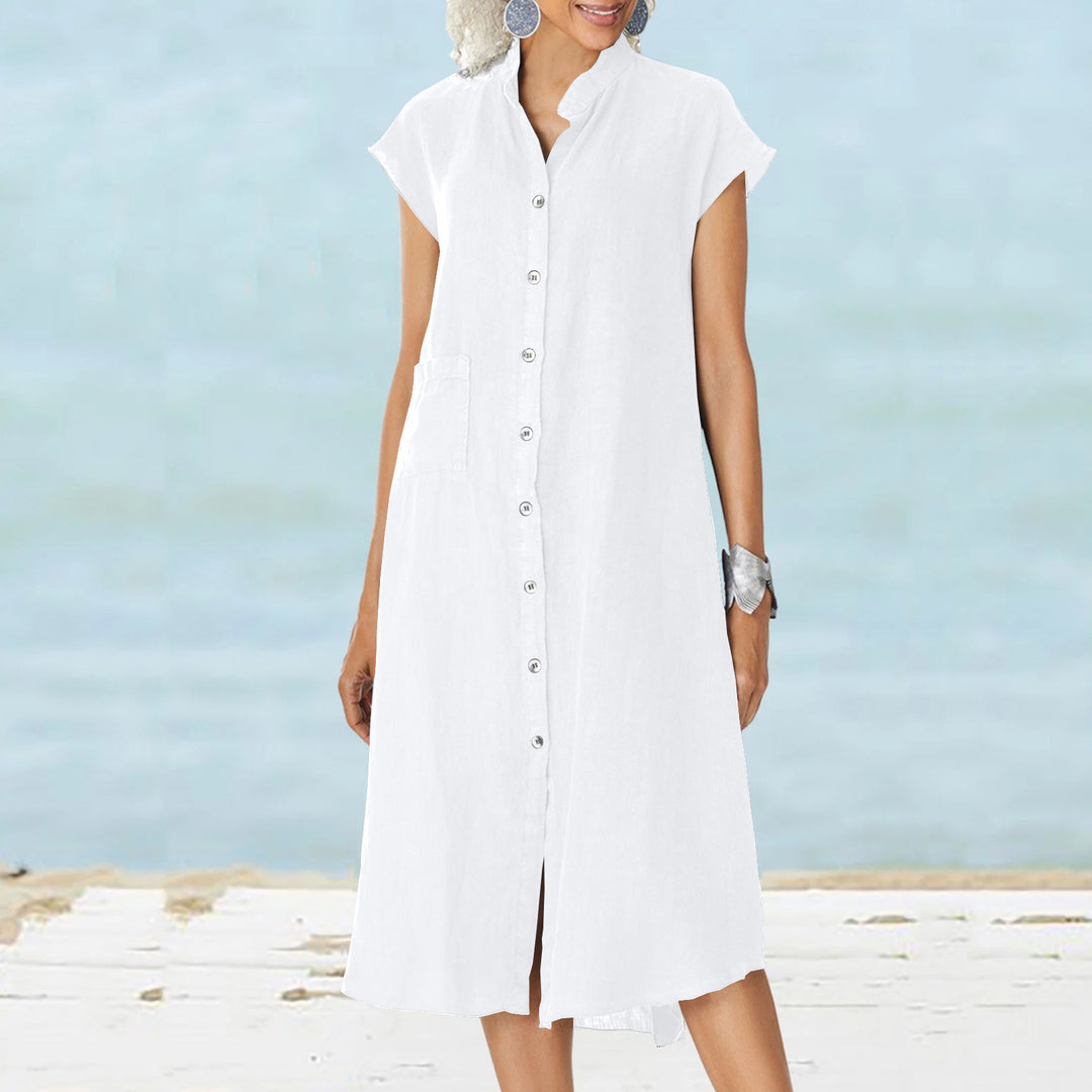 Damen lässiges Midi-Hemdkleid aus Leinen mit Knopfleiste und seitlichen Taschen EB