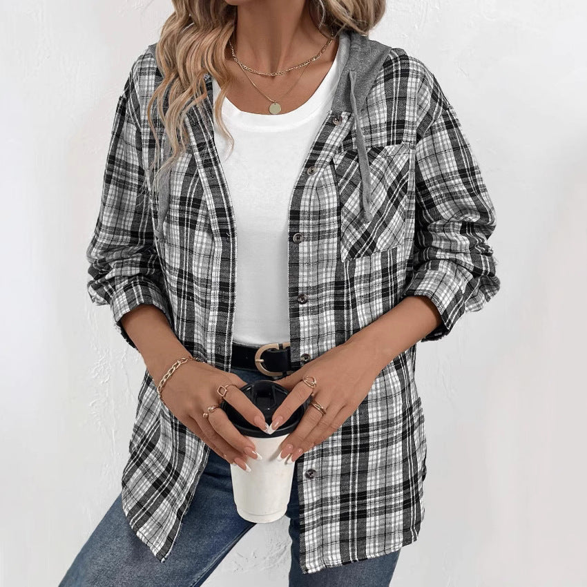 Damen lässige Flanellhemdjacke mit Kapuze und Karomuster EB
