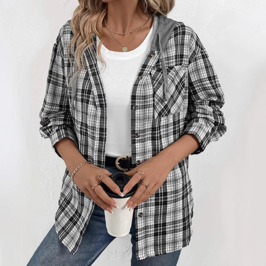 Damen lässige Flanellhemdjacke mit Kapuze und Karomuster EB