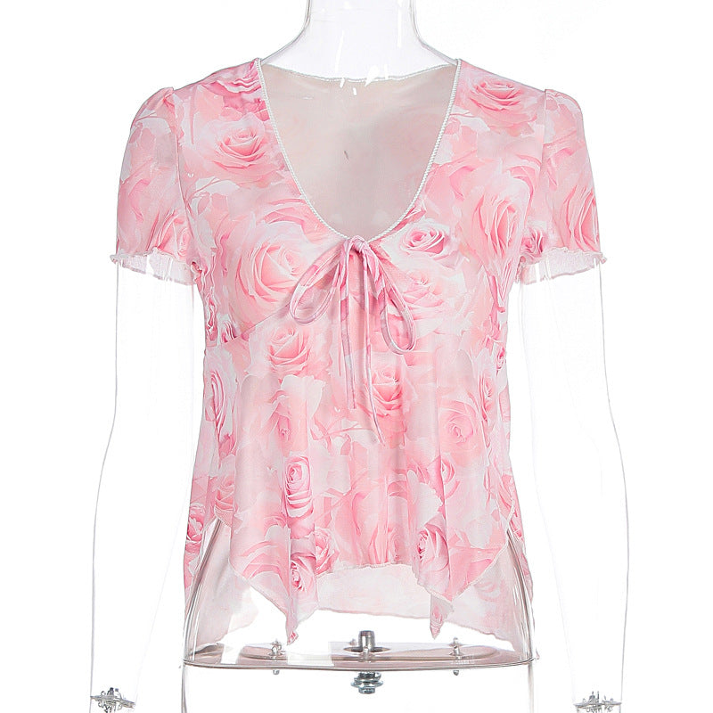 Damen Bluse mit romantischem Rosenmuster und zartem Bindegürtel EB