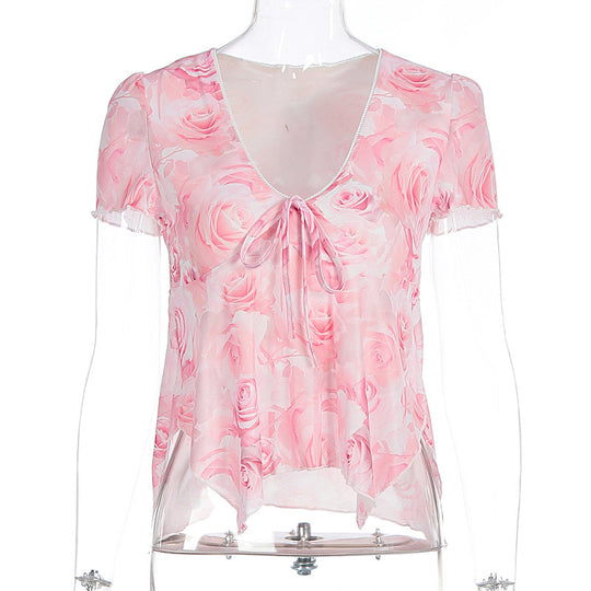 Damen Bluse mit romantischem Rosenmuster und zartem Bindegürtel EB