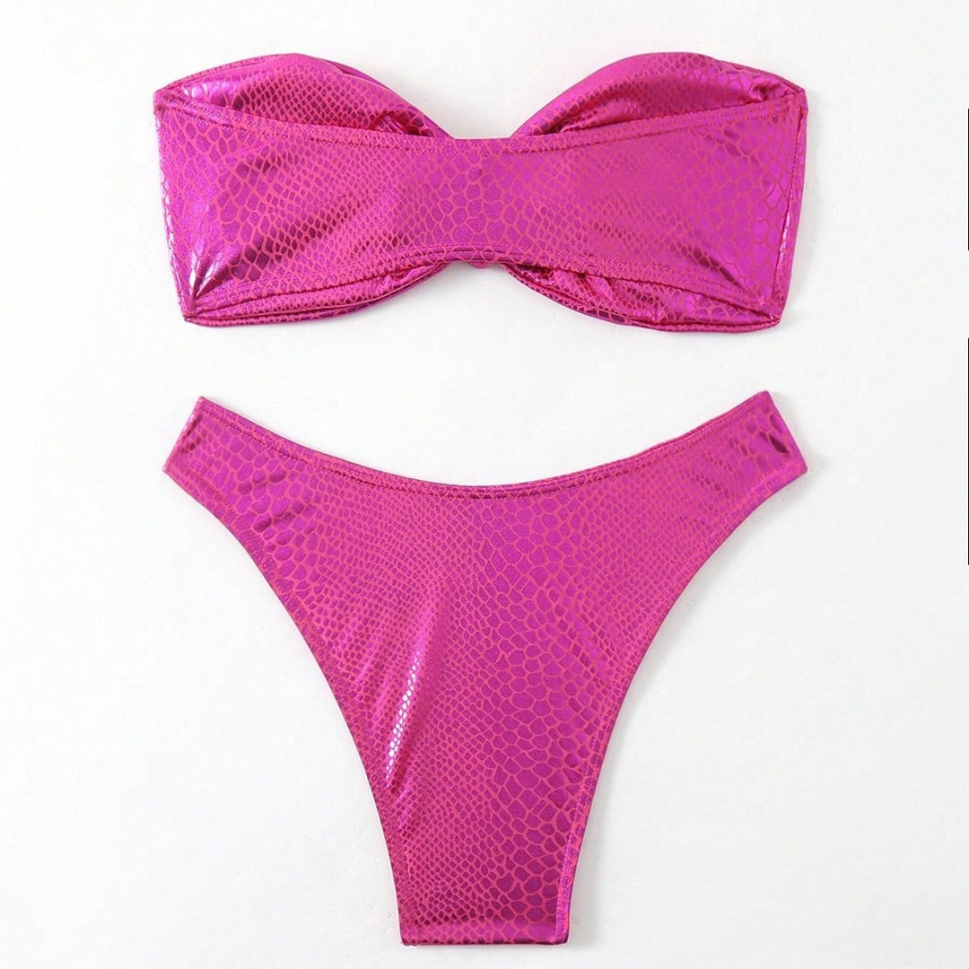 Damen Bandeau-Bikini mit hochglänzendem Schlangenmuster EB