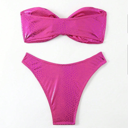 Damen Bandeau-Bikini mit hochglänzendem Schlangenmuster EB
