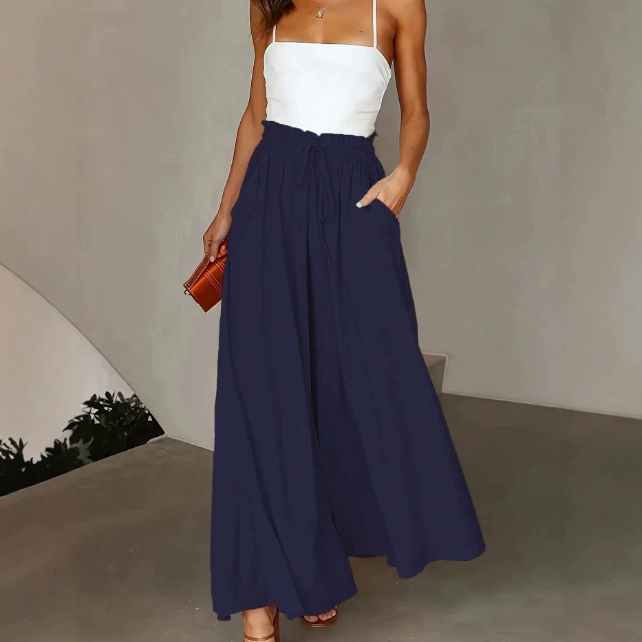 Damen Weite Maxipalazzo-Hose mit Paperbag-Bund, Kordelzug und Seitentaschen EB