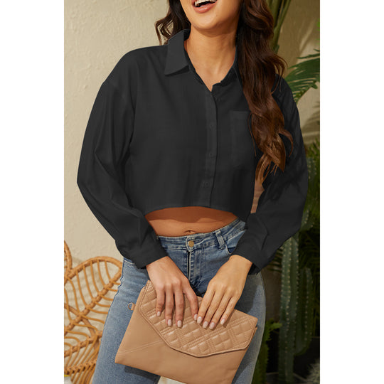 Damen Cropped Bluse mit klassischem Kragen und zartem Stoff EB