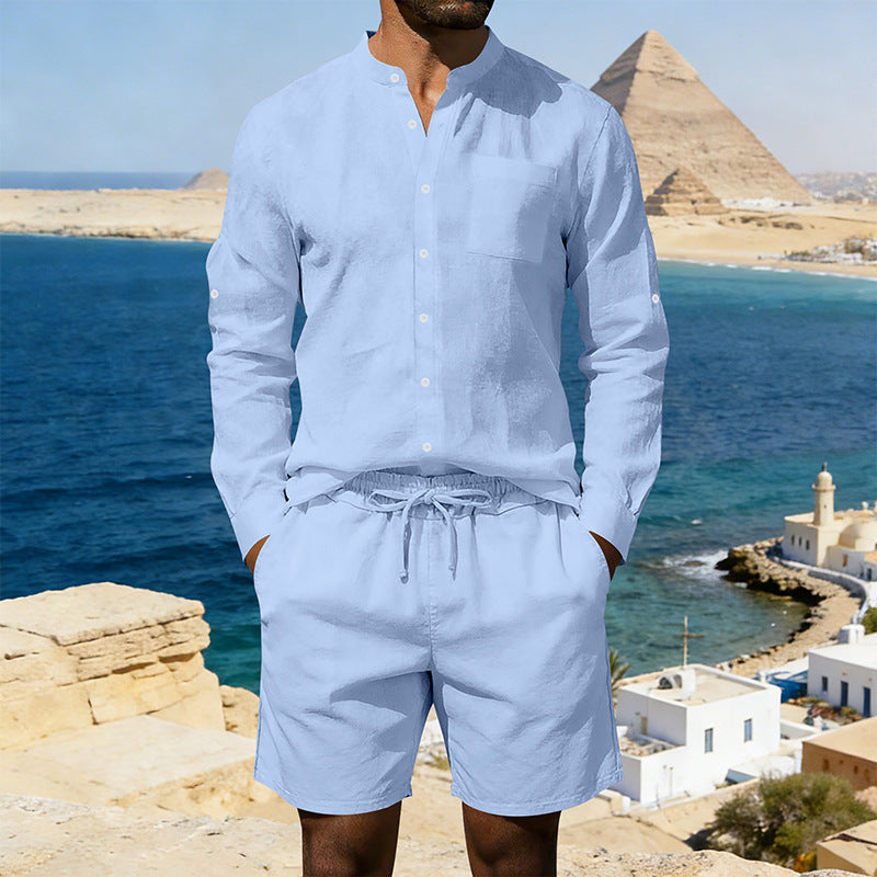 Herren nan sommerliches Leinen-Set mit Stehkragenhemd und Kordelzug-Kurzhose EB