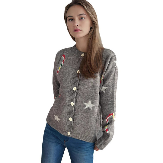 Damen Strickjacke mit festlichem Motiv und dekorativen Knöpfen EB