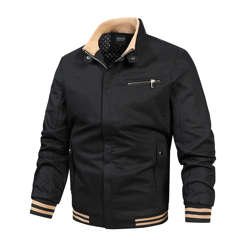 Herren nan moderne Canvas-Bomberjacke im Varsity-Stil mit gestreiften Rippbündchen und verdeckter Frontleiste EB