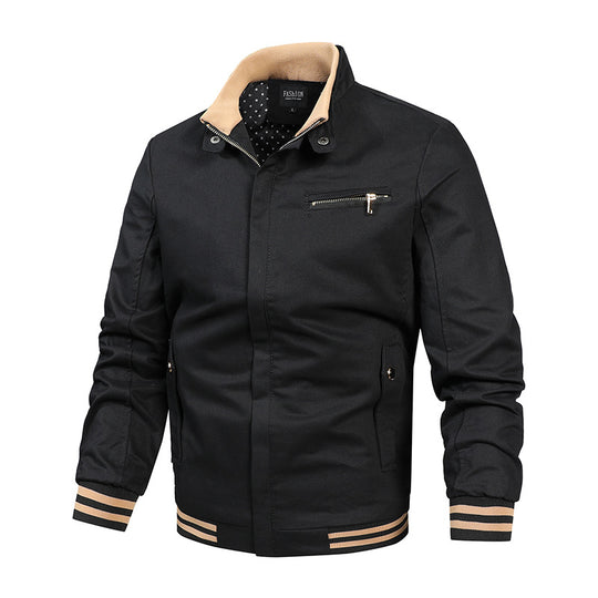 Herren nan moderne Canvas-Bomberjacke im Varsity-Stil mit gestreiften Rippbündchen und verdeckter Frontleiste EB