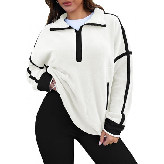 Damen Fleecpullover mit halbem Reißverschluss und kontrastierenden Ärmeln EB