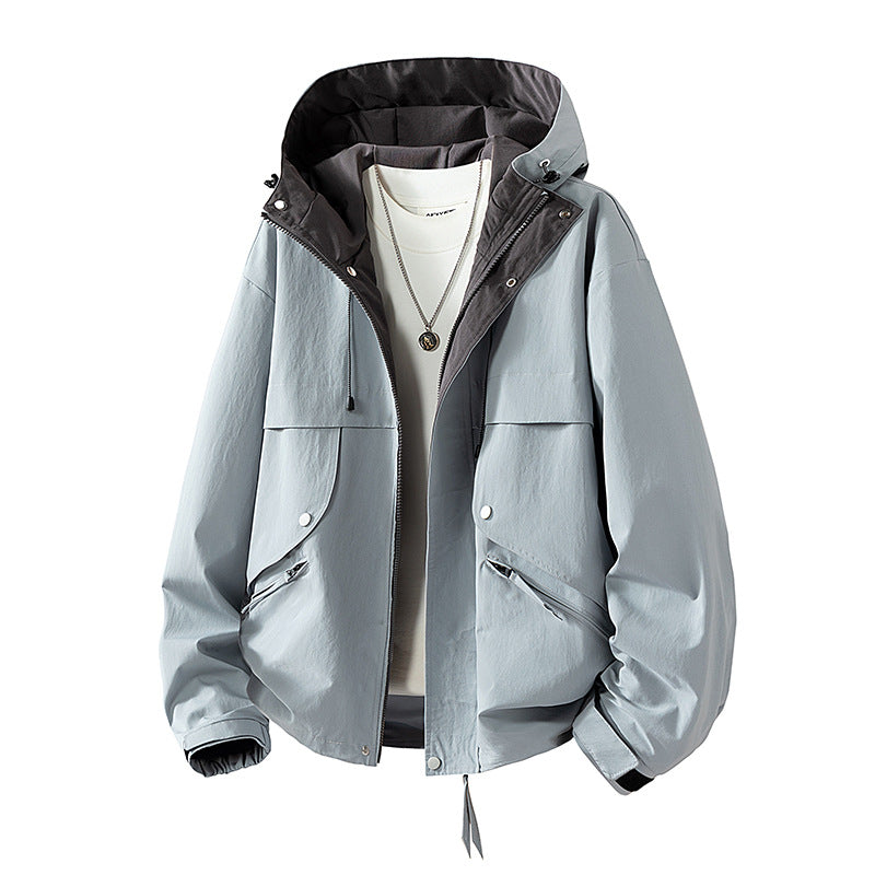 Unisex leichte windabweisende Übergangsjacke mit verstellbarer Kapuze, Kordelzug und Reißverschlusstaschen EB
