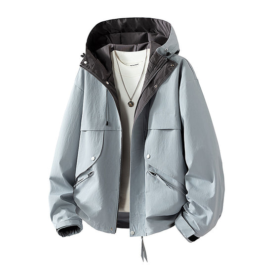 Unisex leichte windabweisende Übergangsjacke mit verstellbarer Kapuze, Kordelzug und Reißverschlusstaschen EB