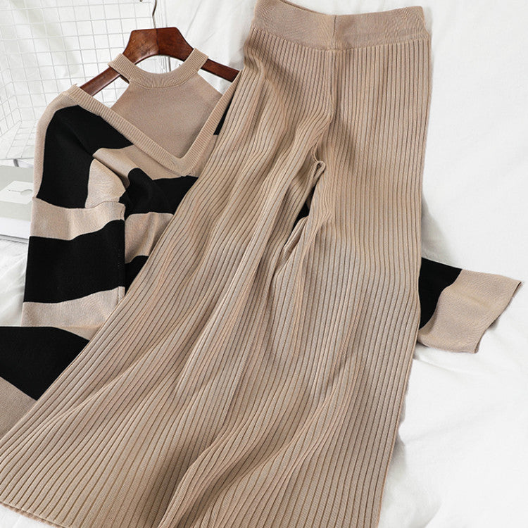 Damen modisches Strick-Loungewear-Set mit Streifenmuster und hohem Kragen EB