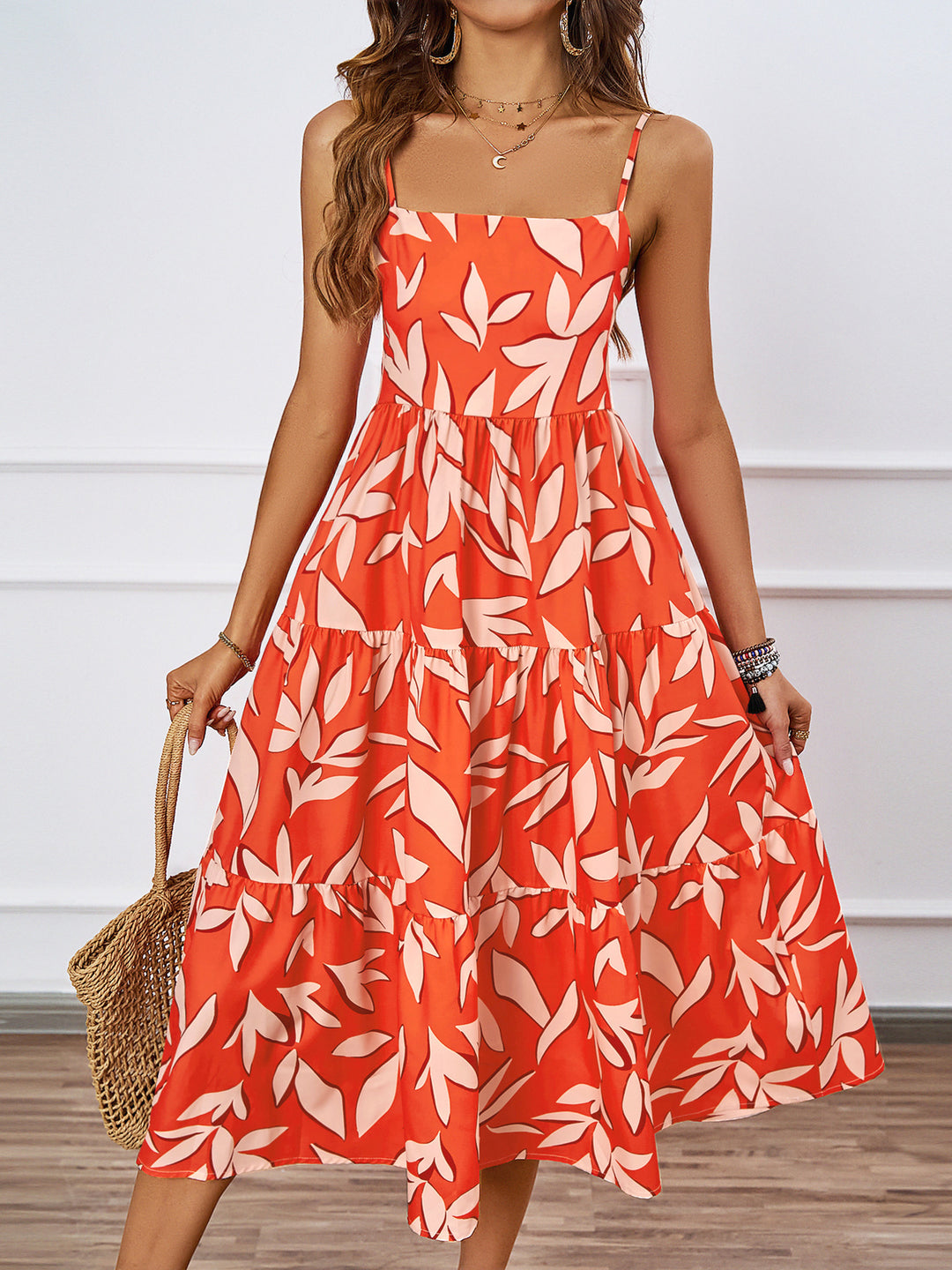 Damen Knielanges Freizeitkleid im modernen Layering-Design mit buntem Muster EB