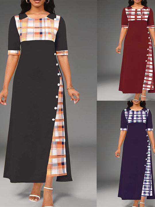 Damen Maxi-Kleid mit modischem Karomuster und geschmackvollen Knopfdetails EB