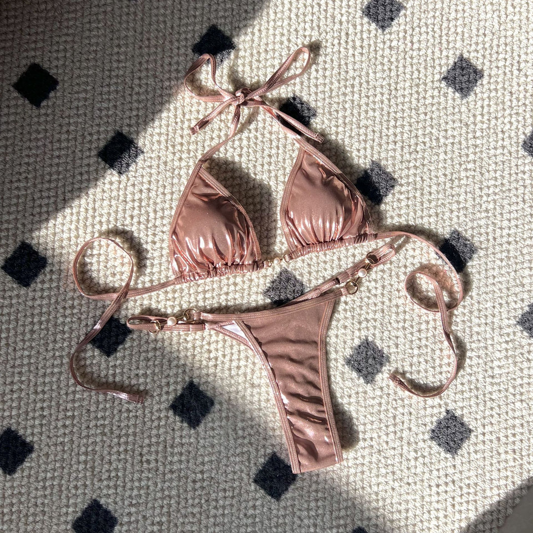 Damen Triangel-Bikini mit verstellbaren Trägern und glänzenden Akzenten EB