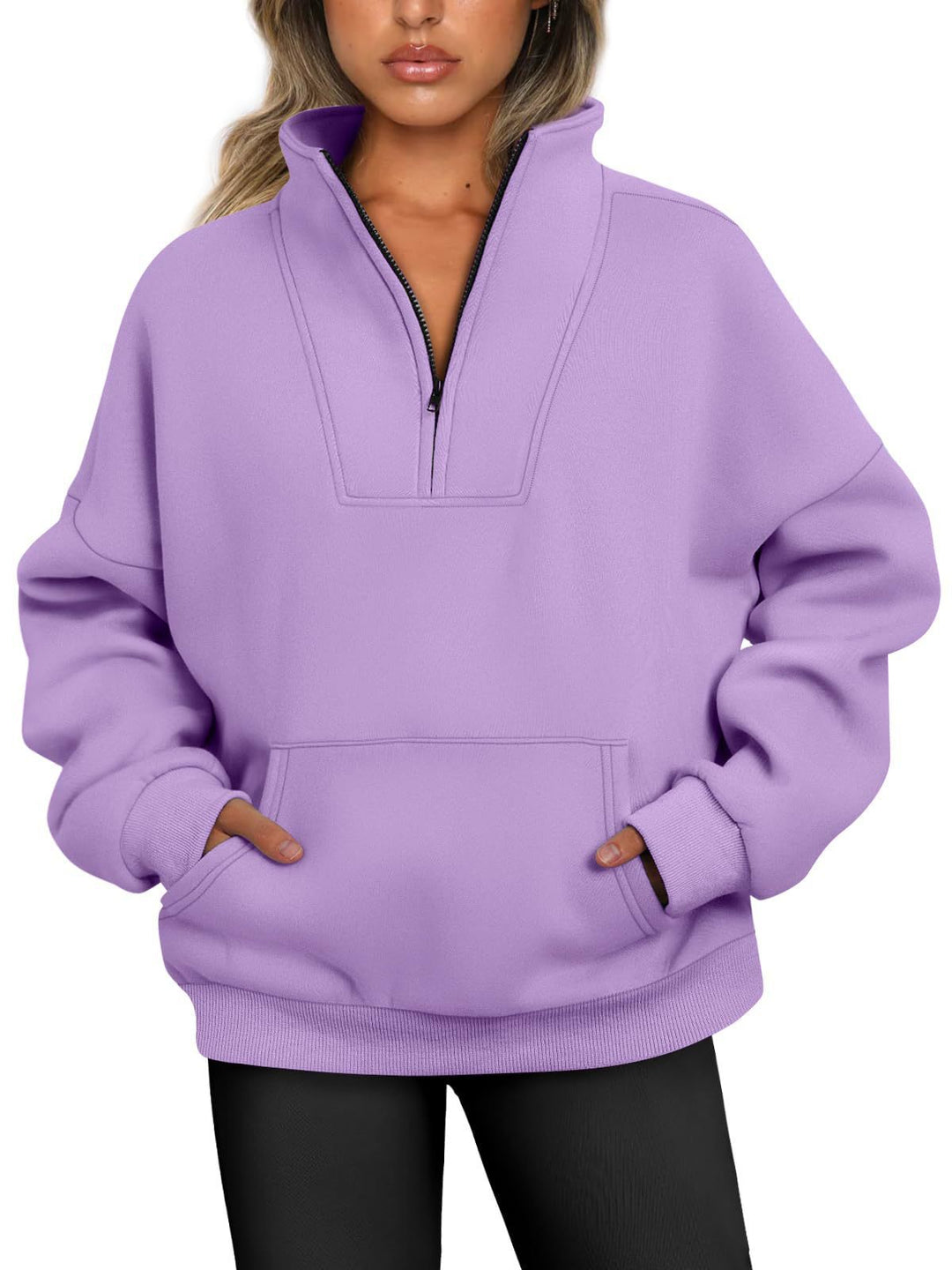 Damen nan oversized Halbzip-Hoodie mit hohem Stehkragen, Kängurutasche und gerippten Bündchen EB