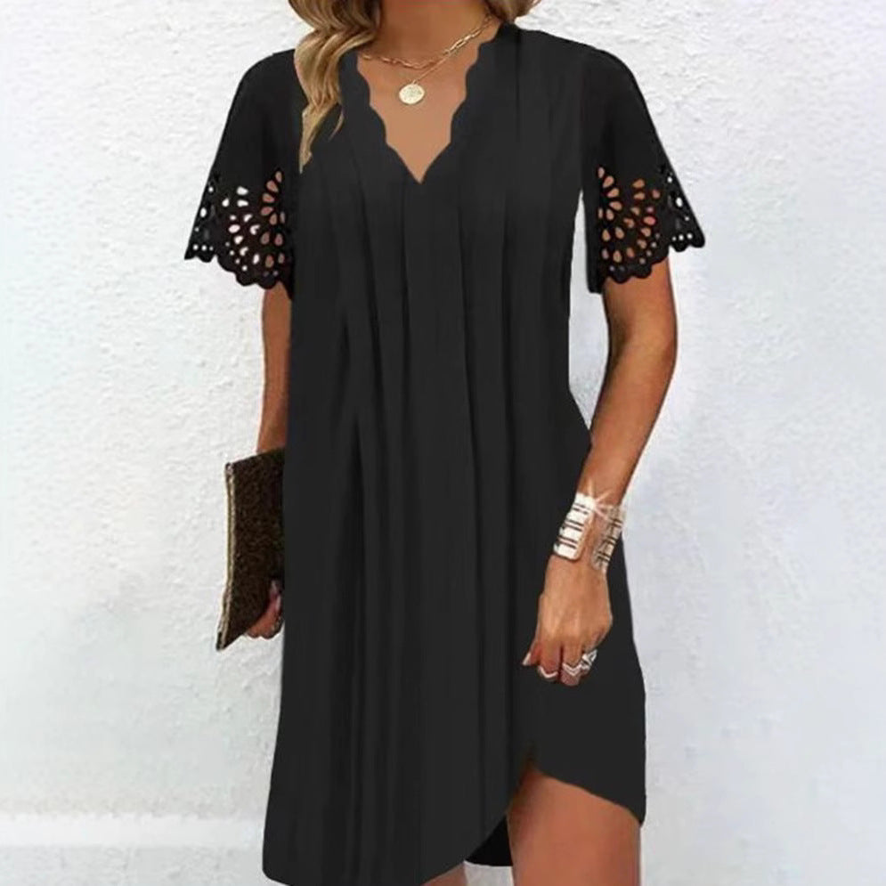 Damen nan leichtes Sommerkleid mit gezacktem V-Ausschnitt Ajourärmeln und geschwungenem Saum EB