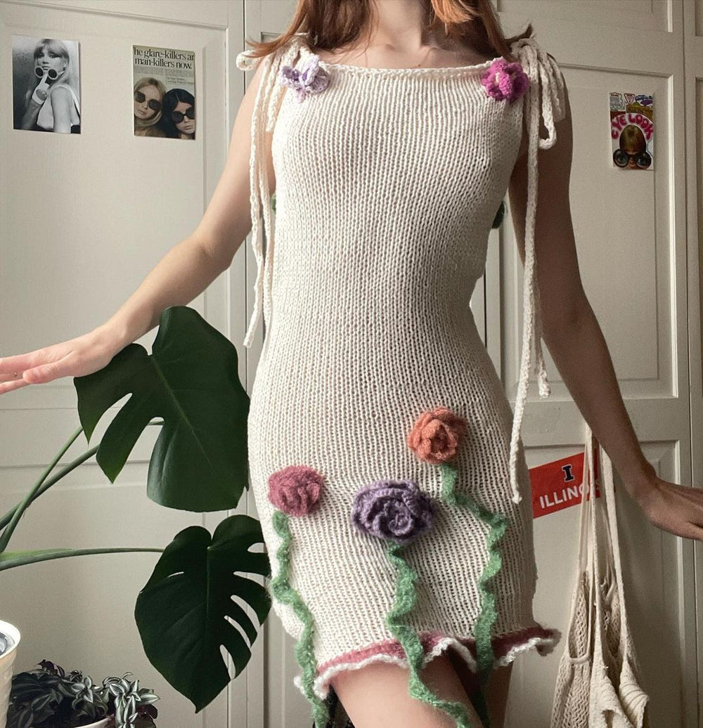 Damen gehäkeltes Sommerkleid mit floralen Applikationen EB