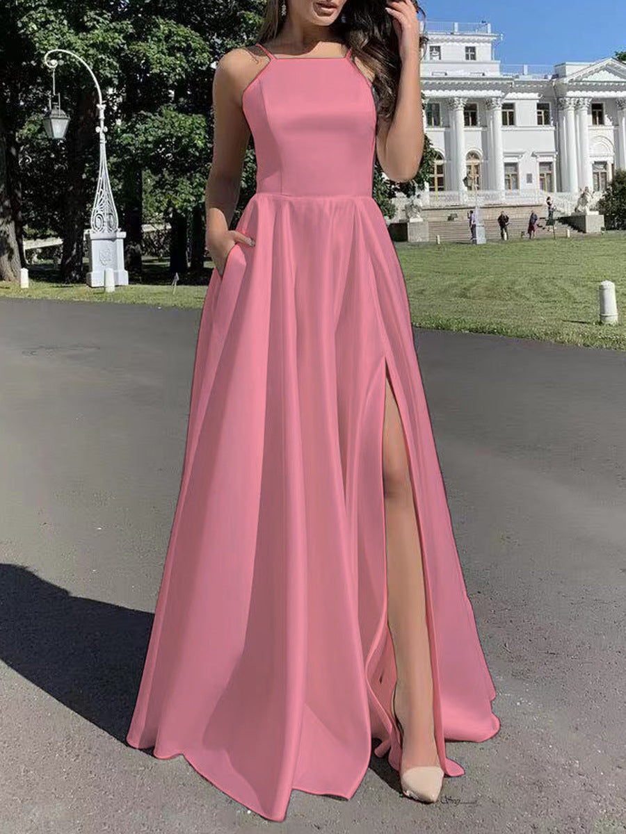 Damen Abendkleid mit raffiniertem Beinschlitz und schmalen Trägern EB