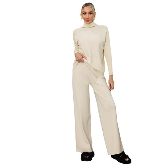Damen elegantes Strick-Loungewear-Set mit hohem Kragen und weitem Schnitt EB