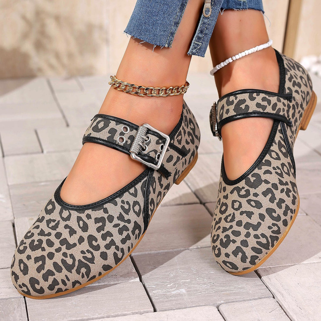 Damen Mary Jane Ballerinas mit modischem Leopardenmuster und bequemer Schnalle EB