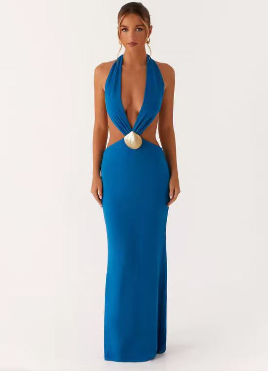 Damen Glamouröses Maxikleid mit tiefem V-Ausschnitt und seitlichen Cut-Outs EB