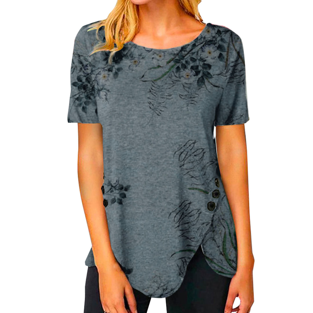 Damen lässiges T-Shirt mit dekorativem Floraldesign und asymmetrischem Saum EB