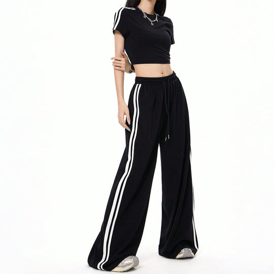 Damen lässige Highwaist weite Sweathose mit elastischem Bund, Tunnelzug und seitlichen Kontraststreifen Eichborn Berlin