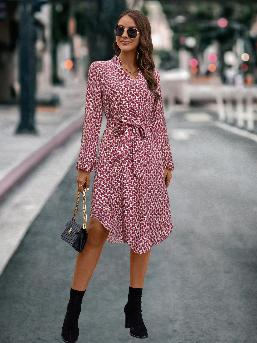 Damen Wickelkleid mit elegantem Muster und Taillengürtel EB