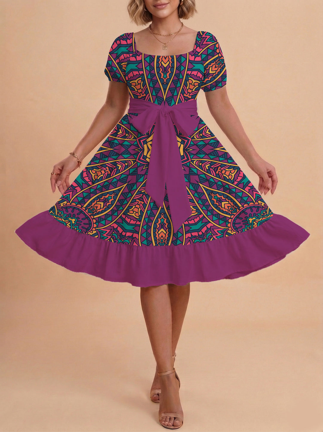 Damen A-Linien-Kleid mit floralen Motiven und taillierbarem Gürtel EB