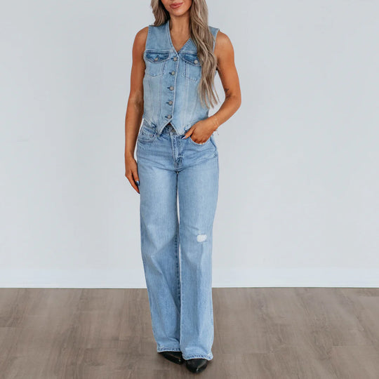 Damen Denim Weste mit Knopfleiste und modernen Schnittrahmen EB
